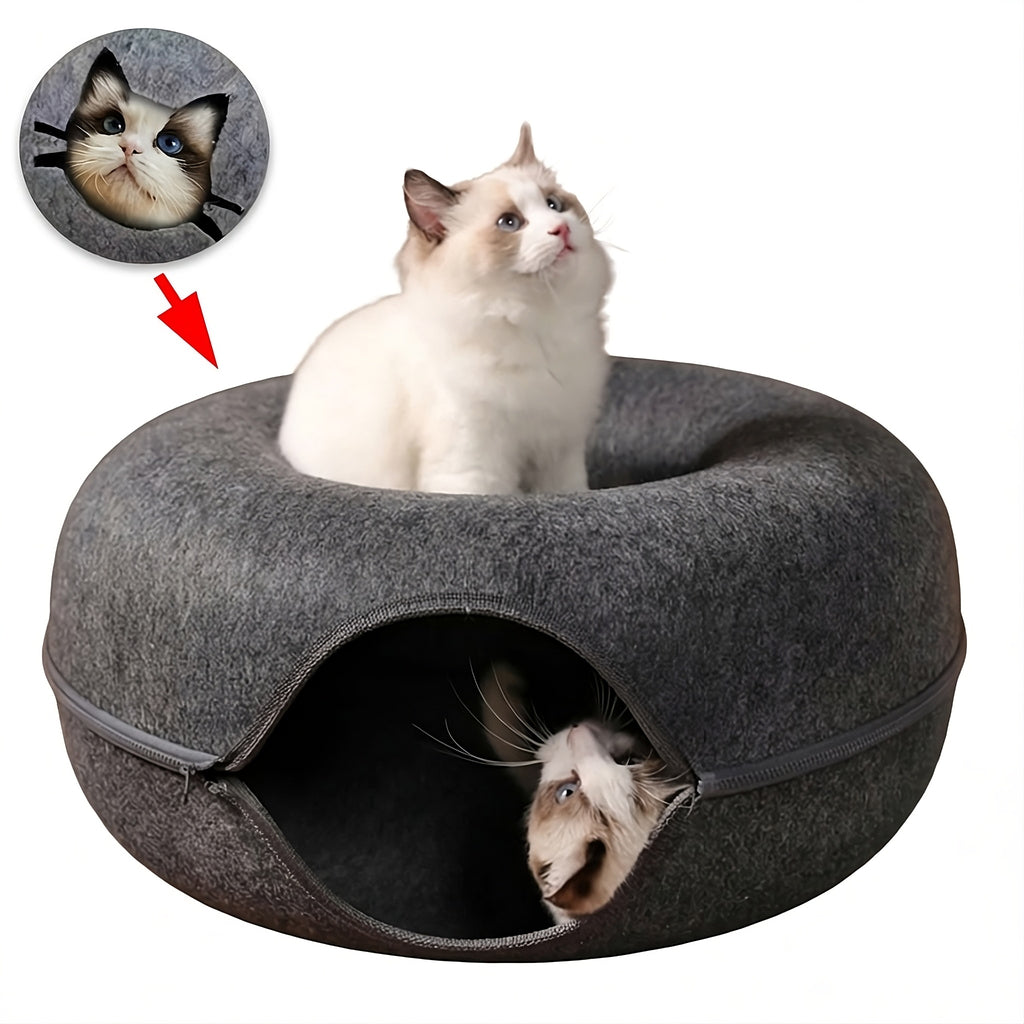 Felt Donut Cat Tunnel Bed – 2-in-1 Hideout & Play Nest