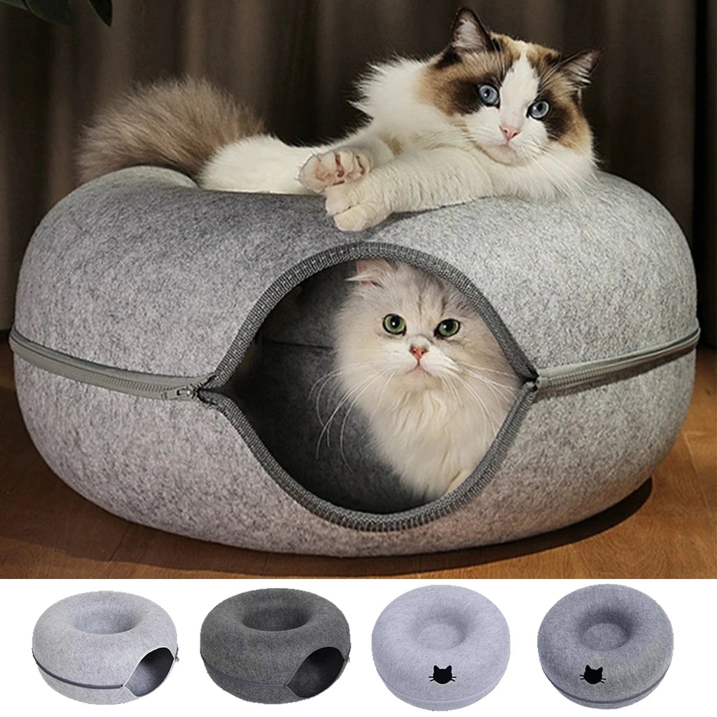 Felt Donut Cat Tunnel Bed – 2-in-1 Hideout & Play Nest