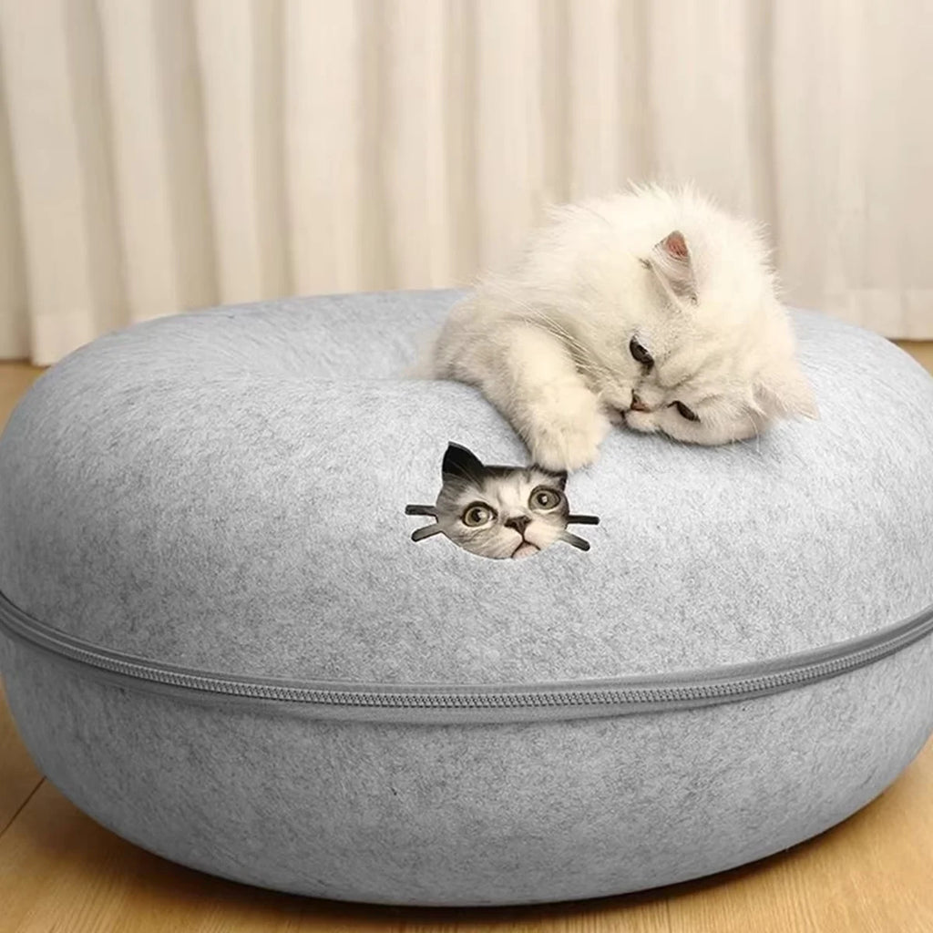 Felt Donut Cat Tunnel Bed – 2-in-1 Hideout & Play Nest
