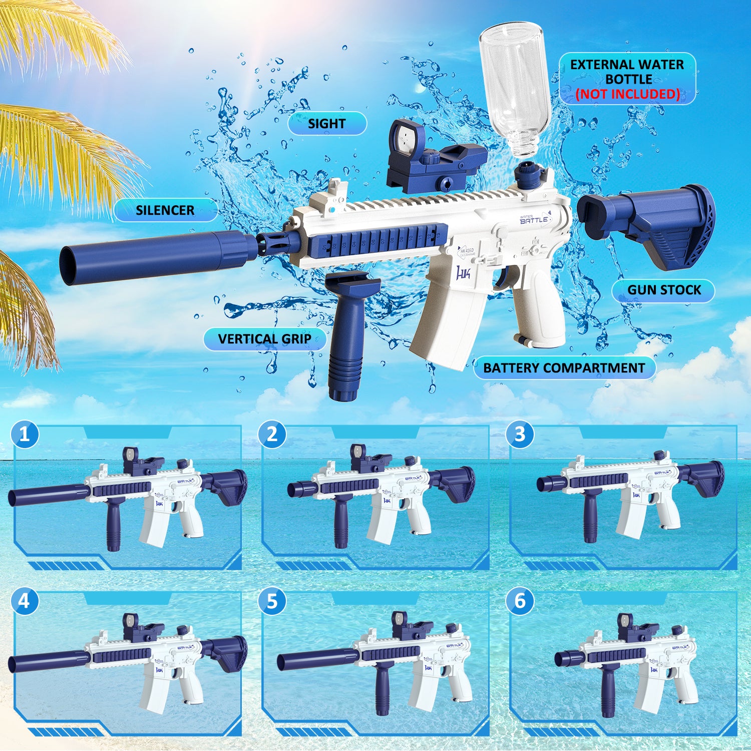 Electric Water Gun - Automatic Squirt Rifle with 370CC Tank & 32ft Range
