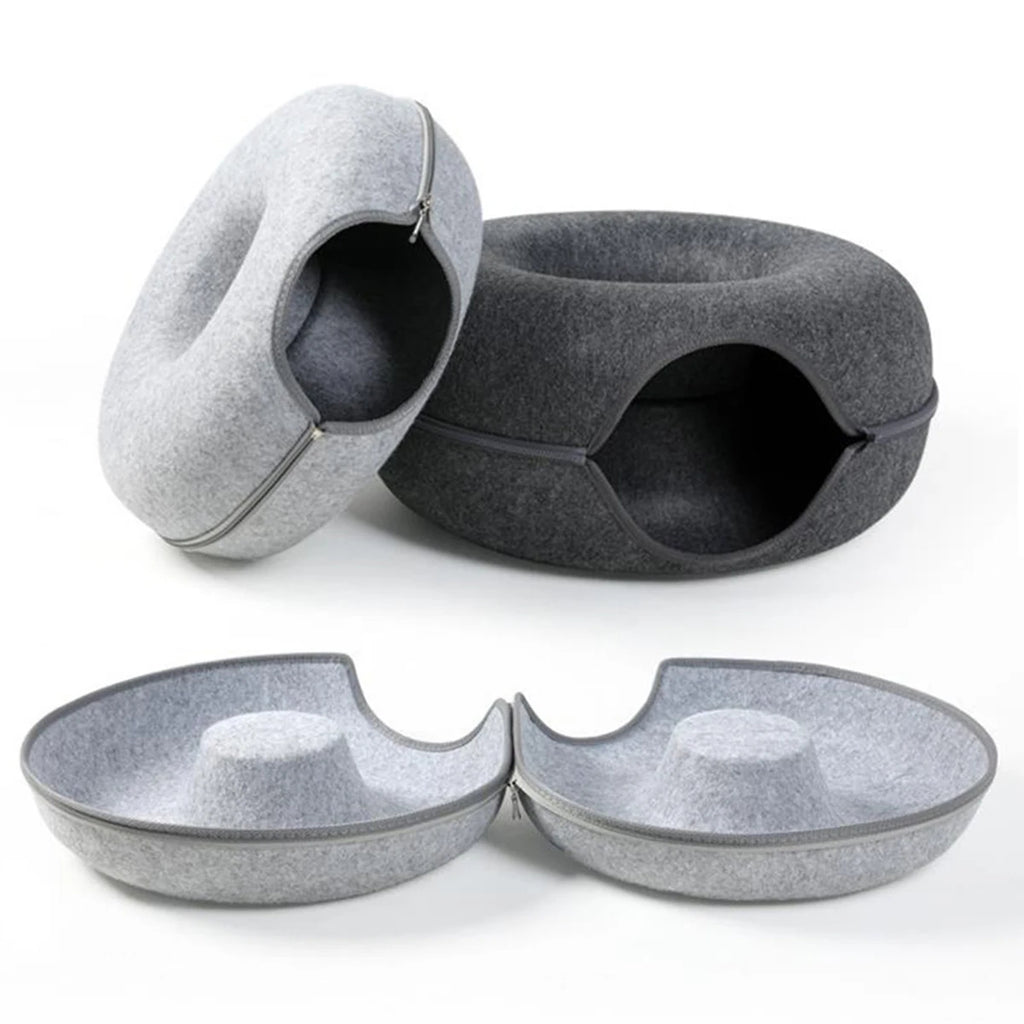Felt Donut Cat Tunnel Bed – 2-in-1 Hideout & Play Nest