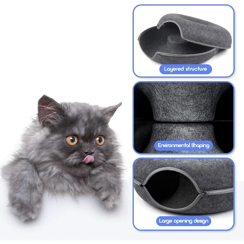 Felt Donut Cat Tunnel Bed – 2-in-1 Hideout & Play Nest