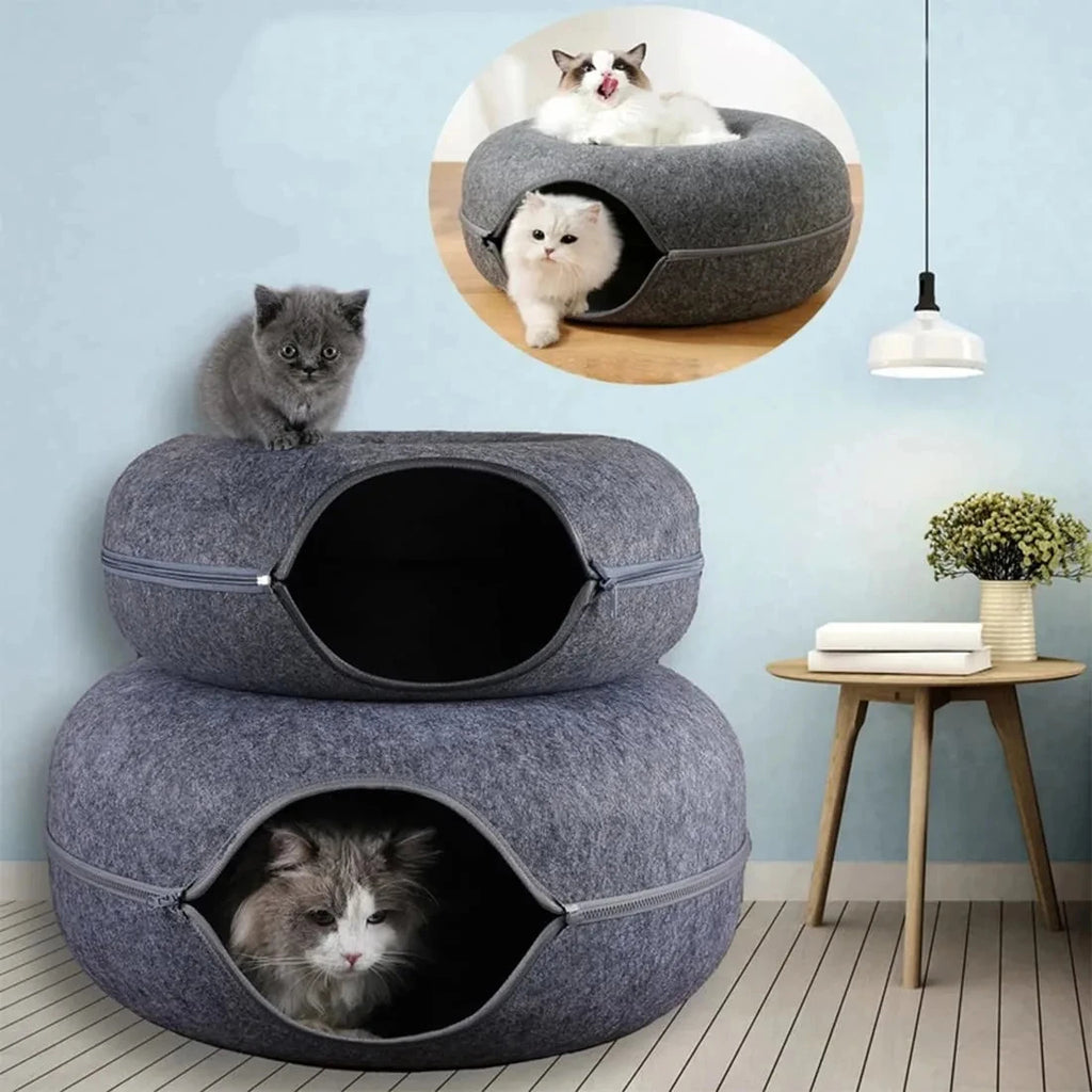 Felt Donut Cat Tunnel Bed – 2-in-1 Hideout & Play Nest